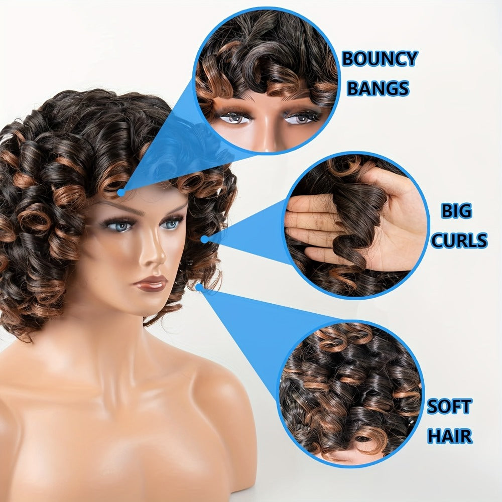 Kinky Curly Afro Wig with Bangs 14 Inch Synthetic Ombre 2 Tone Black Brown Golden Natural Volume | Daily Wear Hair Replacement Wig for Black Women