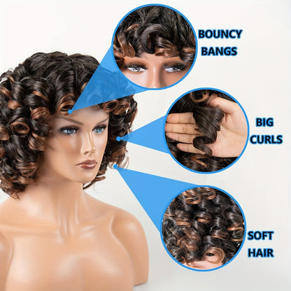 Kinky Curly Afro Wig with Bangs 14 Inch Synthetic Ombre 2 Tone Black Brown Golden Natural Volume | Daily Wear Hair Replacement Wig for Black Women