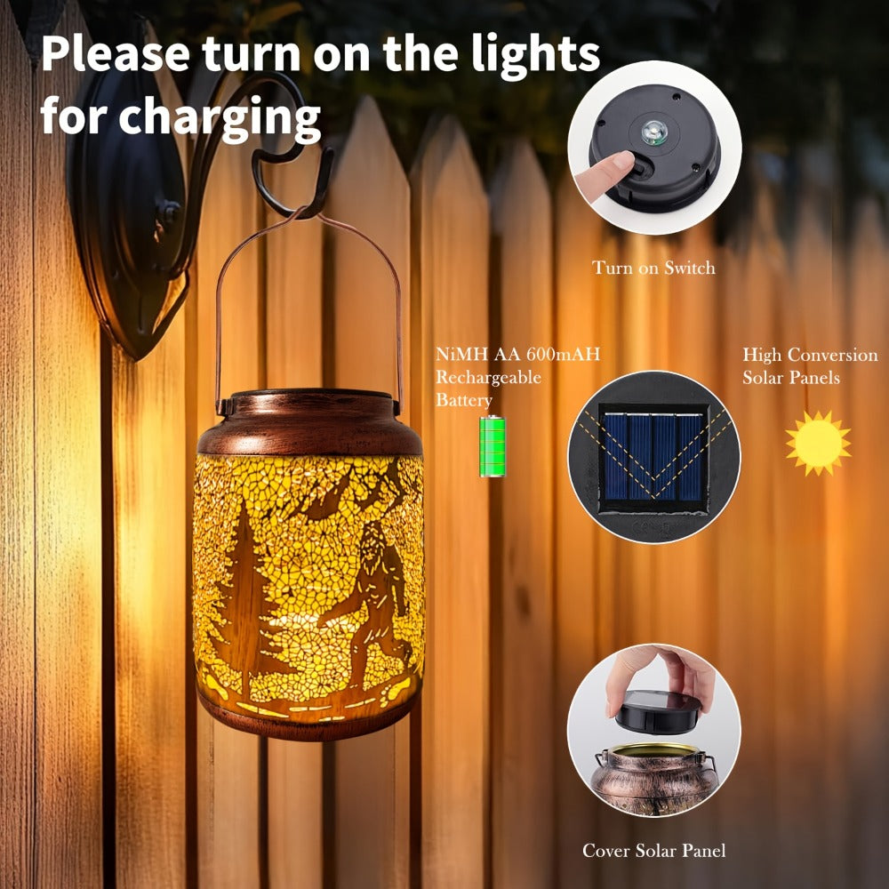 Solar Outdoor Lights Bigfoot Metal Hanging Lantern with IP65 Rating and Warm Pattern Projection