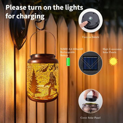 Solar Outdoor Lights Bigfoot Metal Hanging Lantern with IP65 Rating and Warm Pattern Projection