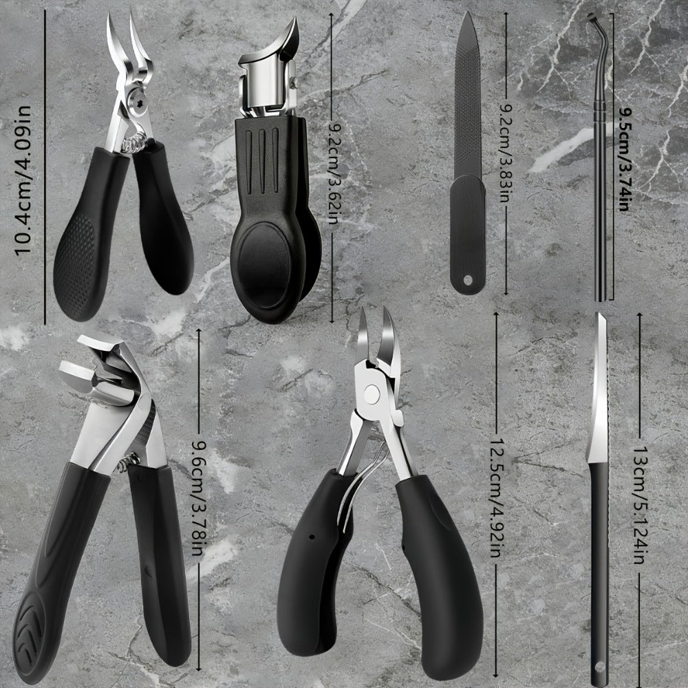 Seven-Piece Toenail Clipper Kit with Angled Nippers, Curved Blade Tool, Nail File and Lifter