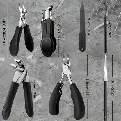 Seven-Piece Toenail Clipper Kit with Angled Nippers, Curved Blade Tool, Nail File and Lifter
