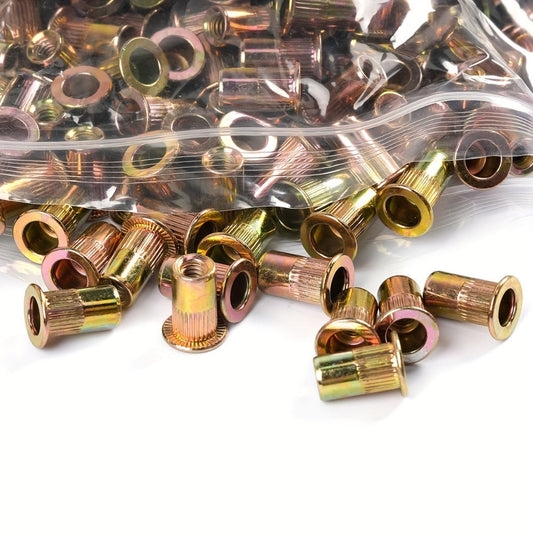 860pcs Rivet Nut Kit SAE UNC Assortment – Zinc Plated Carbon Steel Flat Head Insert Threaded Nuts 7 Sizes with Case for Auto Furniture & Industrial Projects
