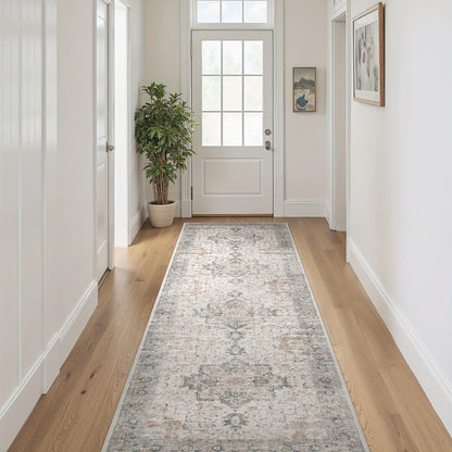Runner Rug Machine Washable Non-Slip Vintage Hallway Area Rug Low Pile Lightweight Boho Floral for Entryway Kitchen Corridor Light Taupe Brown