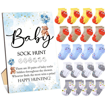 Baby Shower Sock Hunt Party Supplies Game with 20 Pairs of Socks, Wooden Sign and Five Themes
