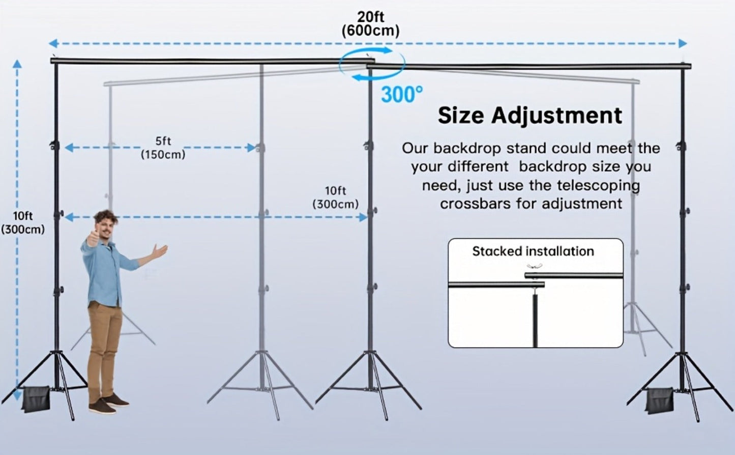 Backdrop Stand BEIYANG 20 x 10-Foot Three-Tripod Corner Kit with Twin Crossbars and Six Spring Clamps