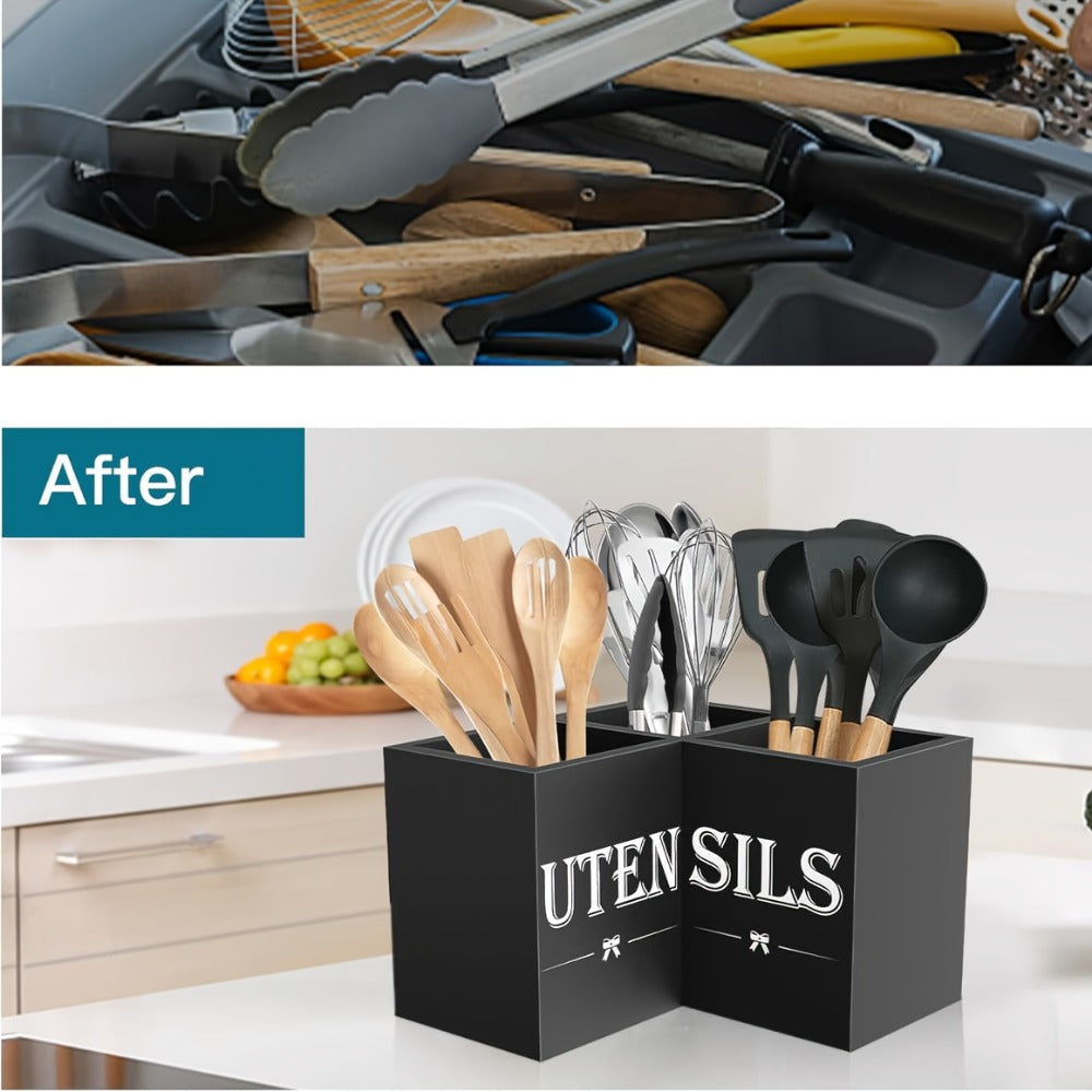 Kitchen Utensil Holder with 3 Compartments Extra Large Wooden Countertop Organizer | Farmhouse Black Kitchen Storage for Spatulas Whisks Spoons | Rustic Wood Utensil Caddy for Kitchen Organization