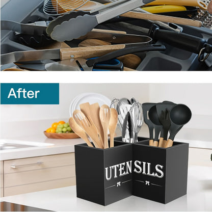 Kitchen Utensil Holder with 3 Compartments Extra Large Wooden Countertop Organizer | Farmhouse Black Kitchen Storage for Spatulas Whisks Spoons | Rustic Wood Utensil Caddy for Kitchen Organization