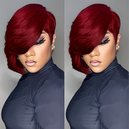 Pixie Cut Human Hair Wig with Bangs 8 Inch 200% Density Glueless | Side Part Layered Straight Rose Net Cap Throw On and Go | #1 #4 #99J Women Daily Party