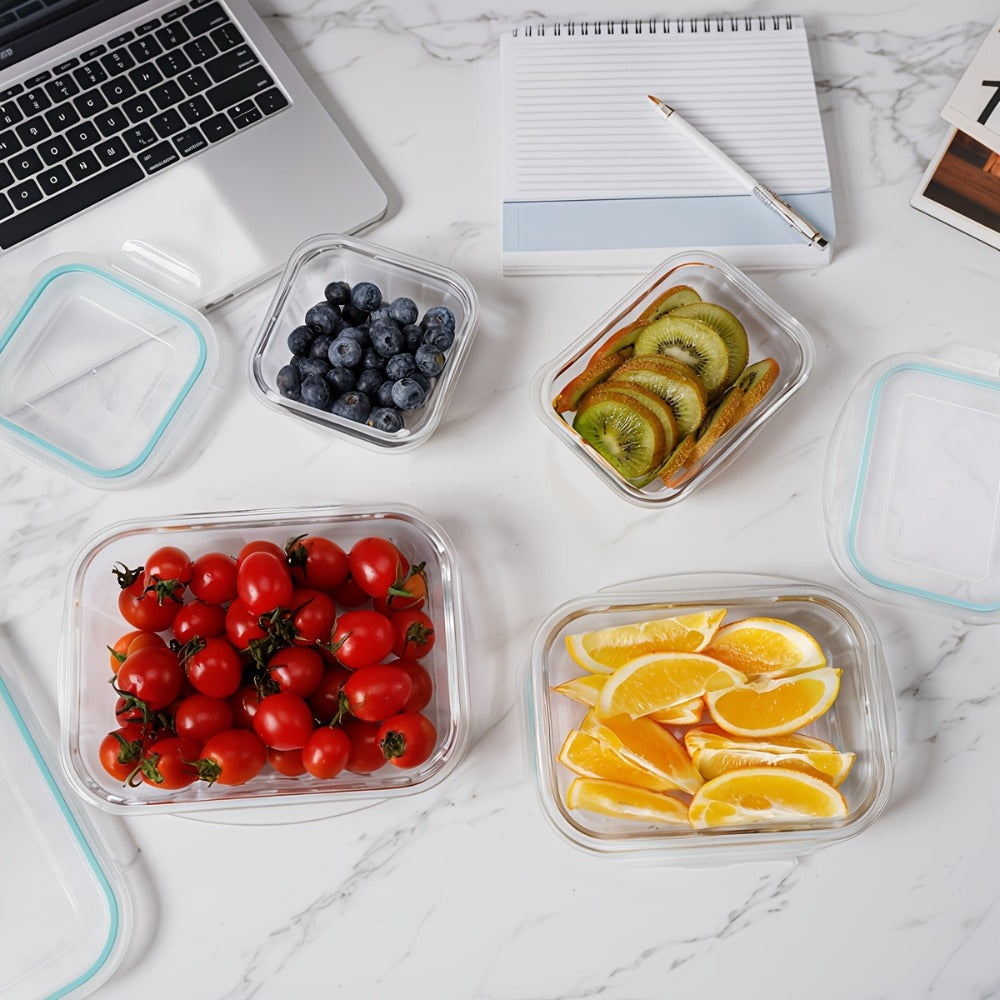 Sixteen-Piece Glass Food Storage Set with Eight Bowls and Eight Lids in Four Color Configurations