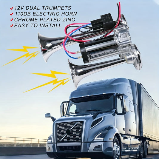 Dual Trumpet Air Horn Kit 12V 110dB – Super Loud Electric Horn with Compressor, Chrome Zinc-Alloy, Universal Fit for Car Truck SUV Boat Train Van Motorcycle Off-Road