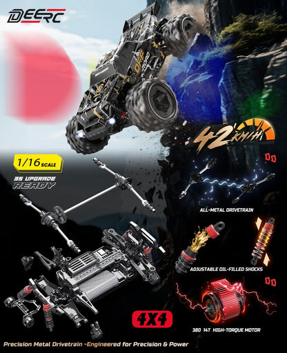 Remote Control Car, DEERC 1:16 4WD Off-Road Truck with 42 km/h Label, Dual 1500mAh Batteries and LED Lights