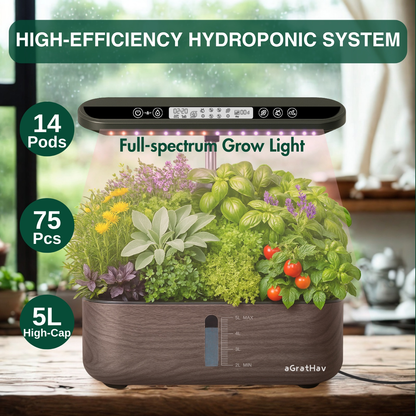 14-Pod Hydroponic Garden Kit with LED Grow Light, Timer, Pump and 1.32 Gallon Tank in Two Finishes