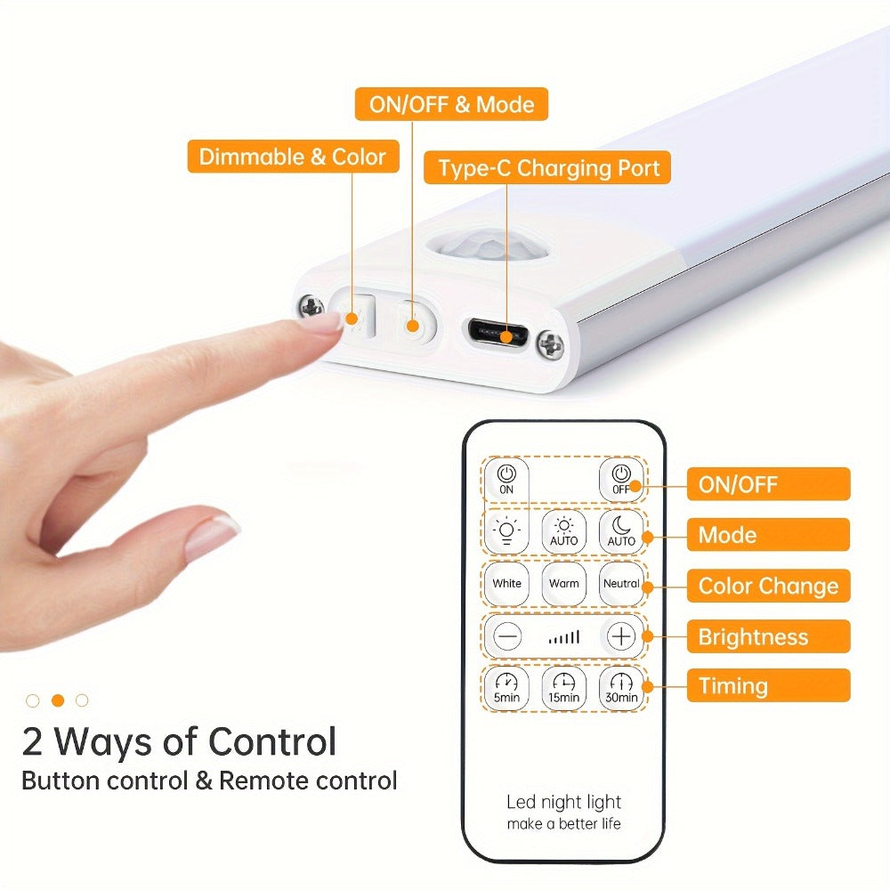 Two-Piece 7.9-Inch Motion Sensor Cabinet Light Set with Remote, USB Charging and Three Light Colors