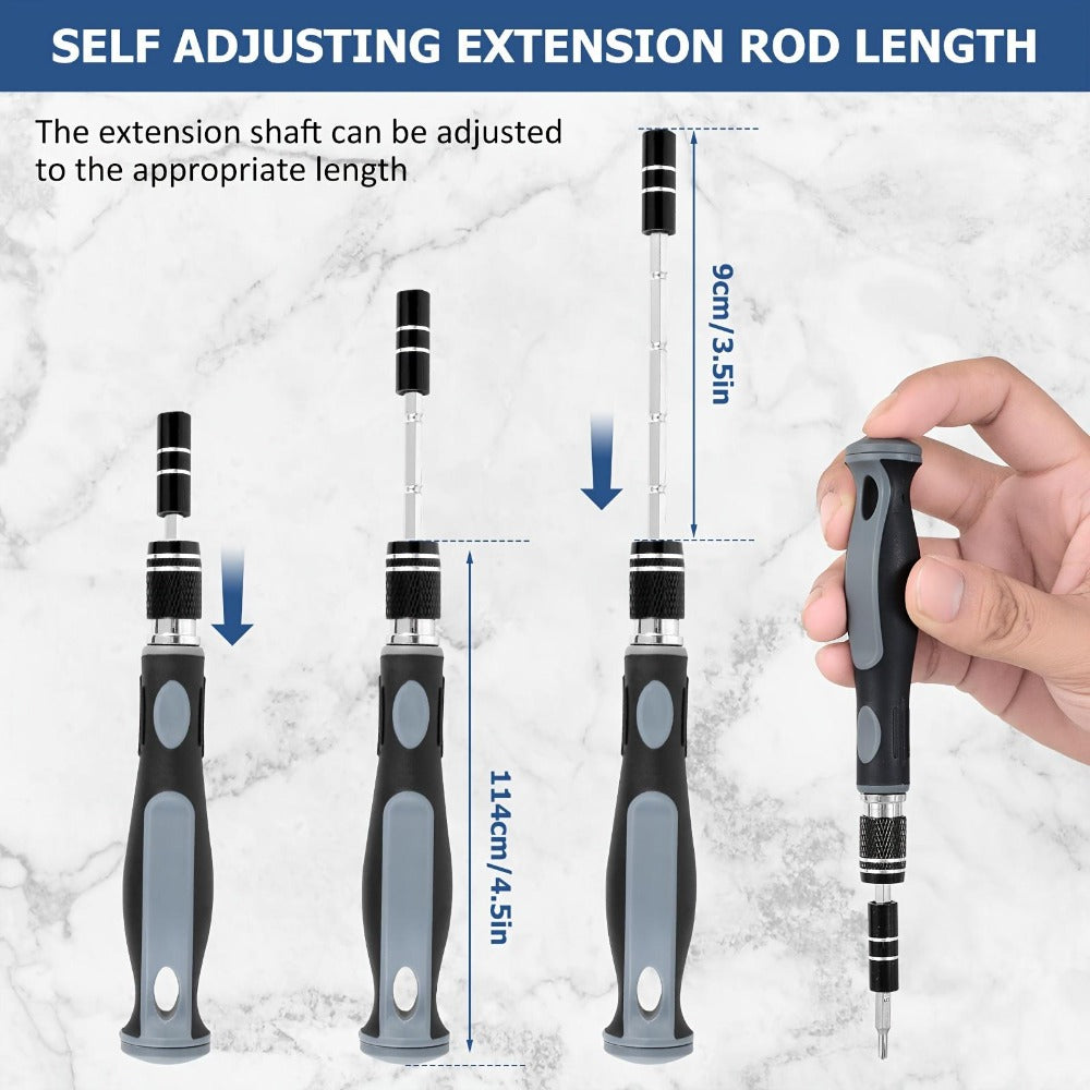 Compact 32-in-1 Precision Screwdriver Bit Set with Adjustable Extension Handle and Gray Storage Case