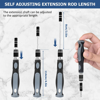 Compact 32-in-1 Precision Screwdriver Bit Set with Adjustable Extension Handle and Gray Storage Case