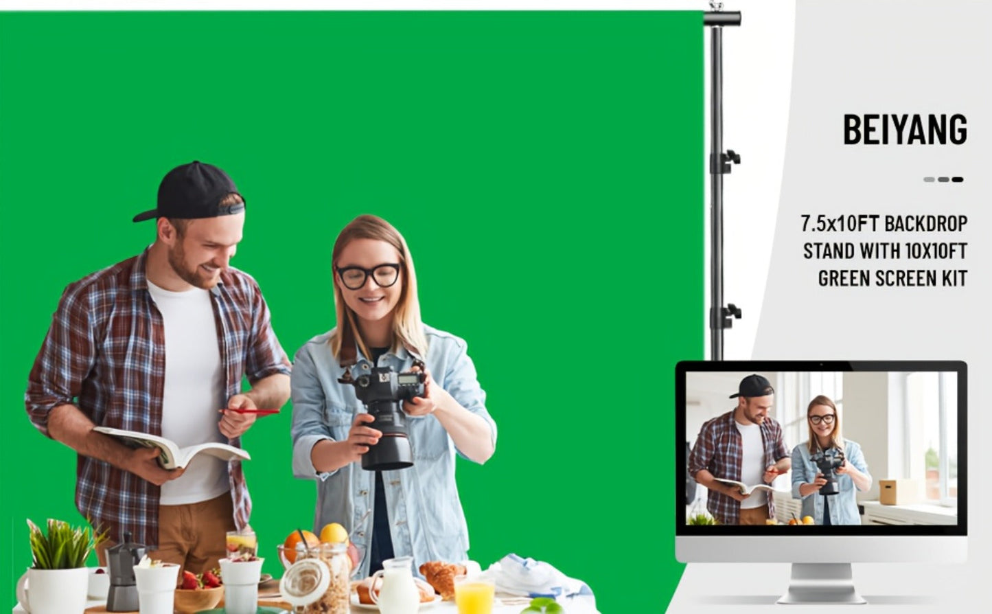 Green Screen Backdrop and Stand Kit with Crossbar, Two Tripods, Four Clamps and Exact 8.5 by 10 Foot Option