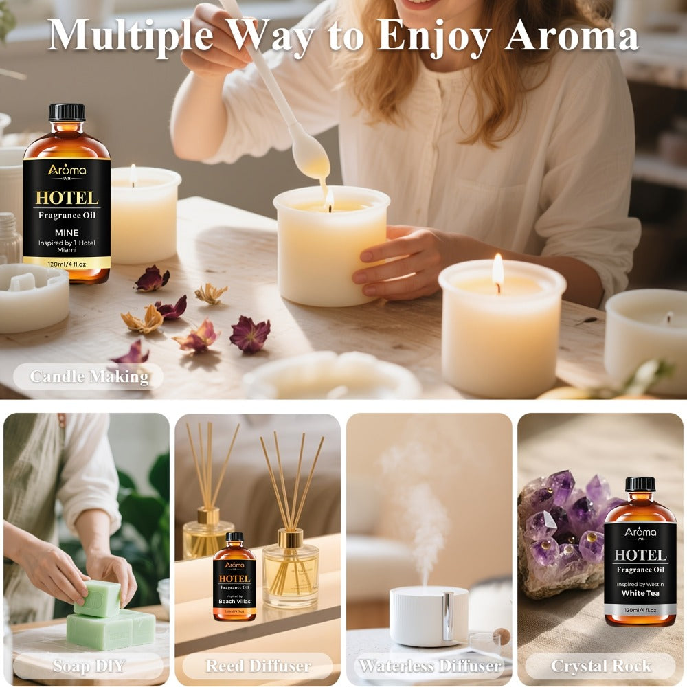120ml Hotel-Style Fragrance Oil for Diffuser or Candle Projects in M Way, White Tea, Carlton or Beach Villas
