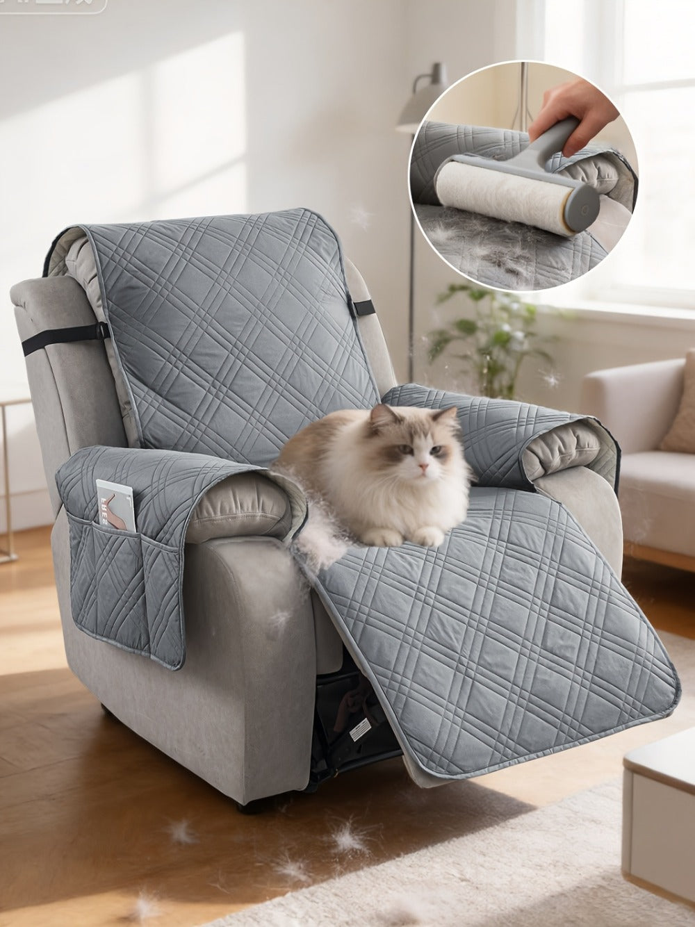 Chair Cover Quilted Recliner Throw with Side Pocket, Elastic Straps and Buckle in Ten Colors