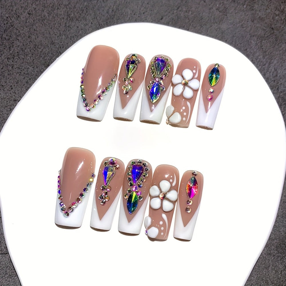 Press On Nails 10-Piece Square French-Tip Set with Nude White Gloss, AB Rhinestones and Floral Design