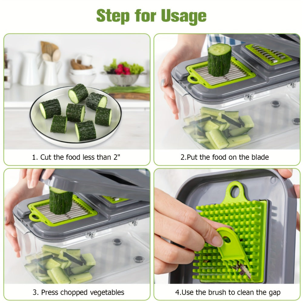 Green 25-in-1 Vegetable Chopper Set with Catch Container, Hand Guard and Interchangeable Cutting Inserts