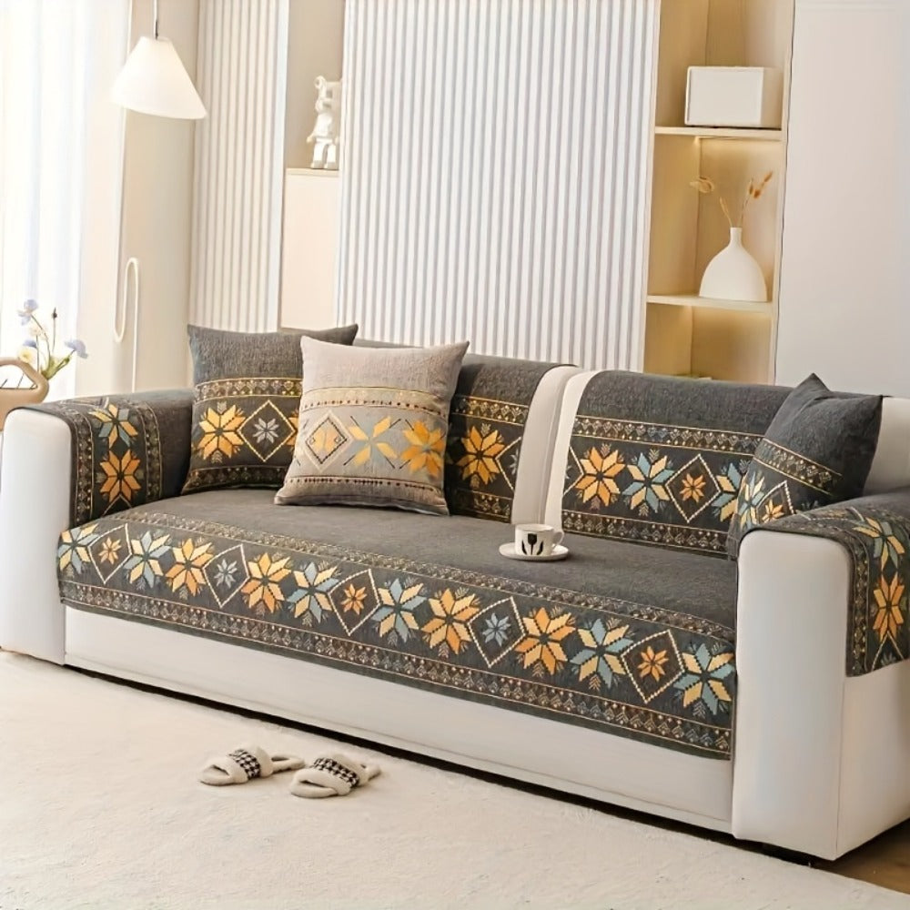 Sofa Cover, Chenille Bohemian-Style Couch Pad in Three Colors with Armrest and One-to-Four-Seat Sizes