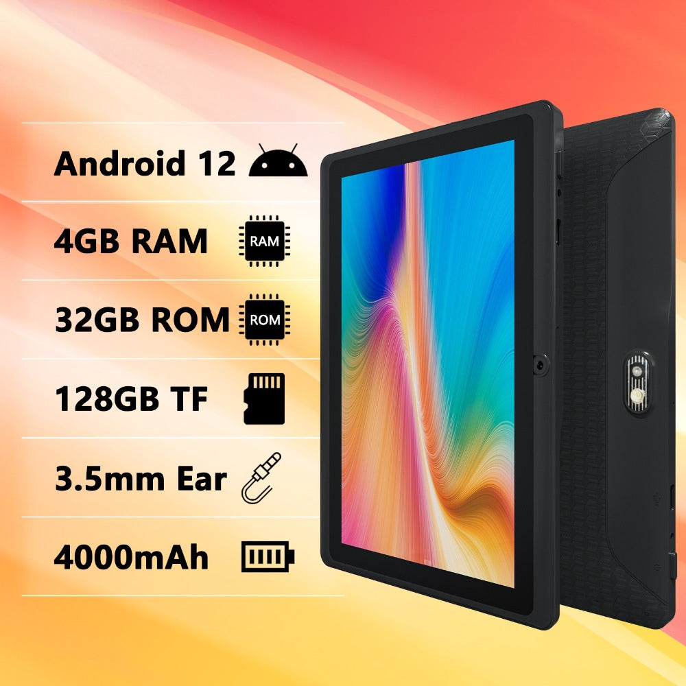 7 Inch Android 12 Tablet, 4GB RAM 32GB ROM, Quad-Core IPS HD Display, 4000mAh Battery, 2MP+5MP Dual Camera, Type-C Charging – Compact Portable Tablet for Kids & Adults, Black