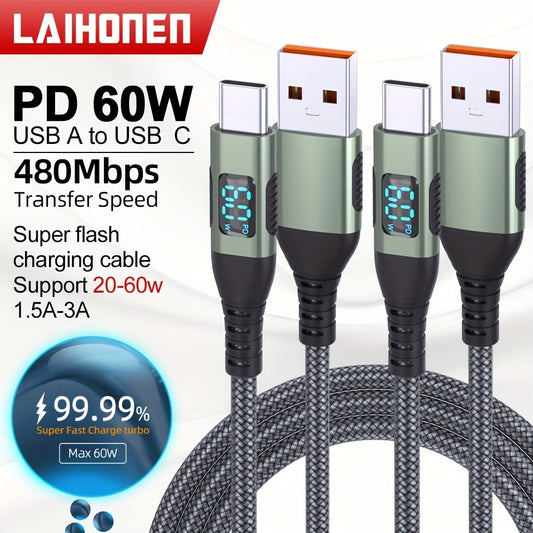 USB-A to USB-C Cable with LED Digital Display, 3A Fast Charging & 480Mbps Data Sync, Nylon Braided Anti-Overheat, for iPhone 15 Samsung Galaxy LG Android – Green (1pc/2pcs)