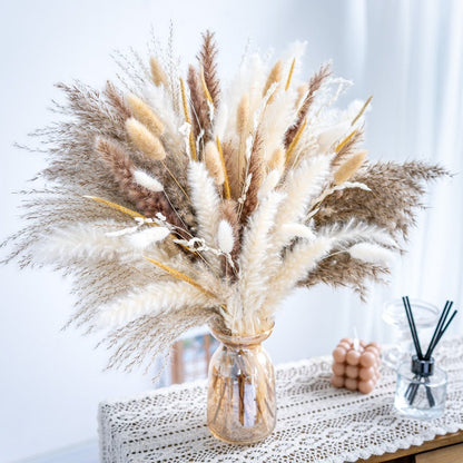 Natural Pampas Grass Decor Bouquet 105/120pcs Boho Dried Floral Arrangement - Centerpiece Table Decor for Wedding Living Room Rustic Boho Home Decoration Vase Filler