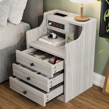 Nightstand 3-Drawer Hutch with Two AC Outlets, Two USB Ports and Gray or White Bedroom Finish
