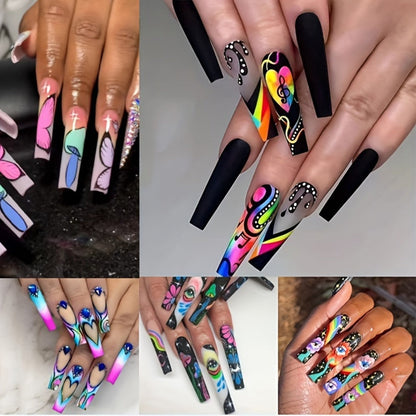 Cosmic Eyes Press On Nails 120pcs Extra Long 5 Boxes – Crystal Rhinestone Matte Colorful Stripes Floral Pattern Wearable Nail Art | Festive Gift Set for Women | Bold Party Festival Halloween Nails
