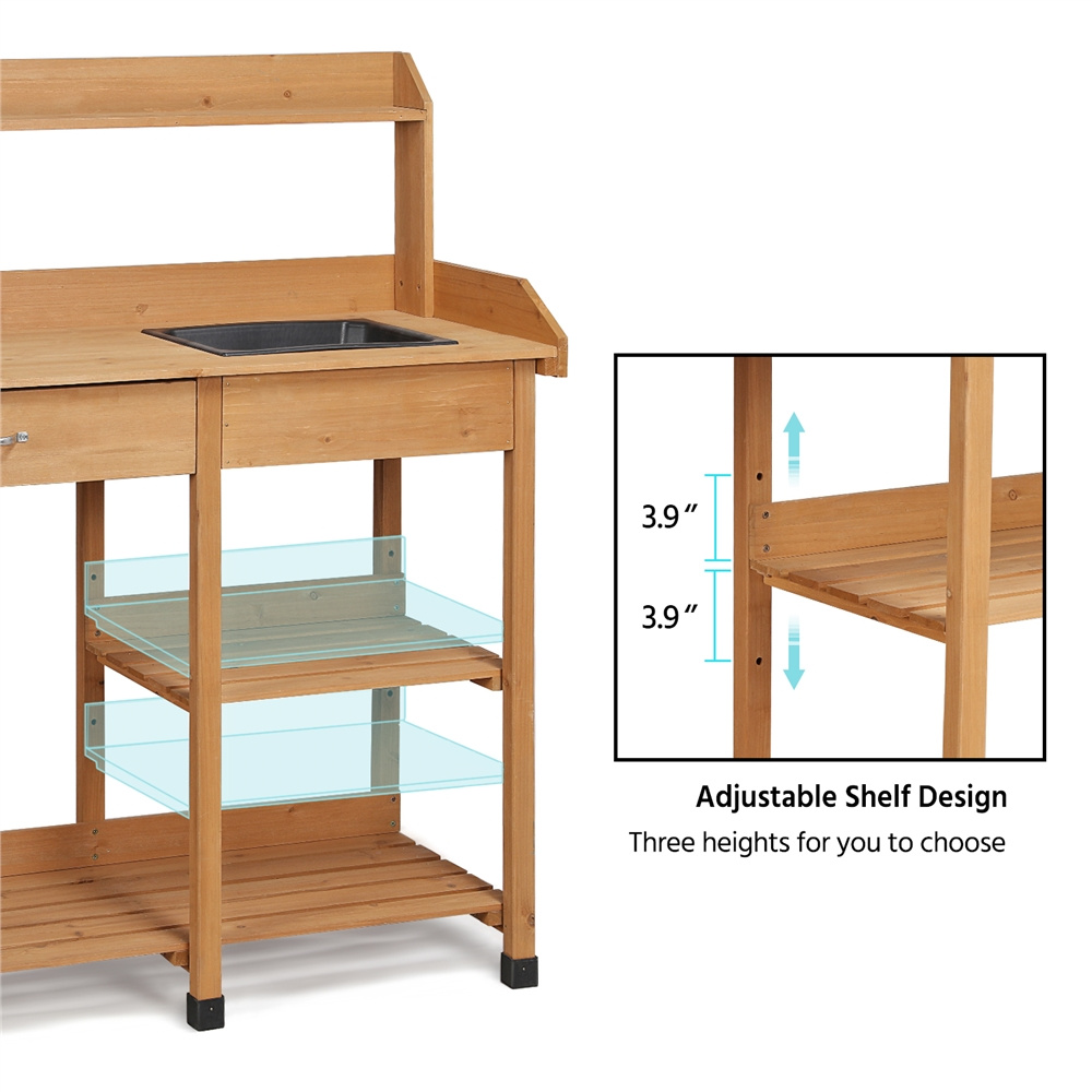 Four-Tier Garden Potting Bench with Removable Sink, Drawer, Adjustable Shelf and Three Side Hooks