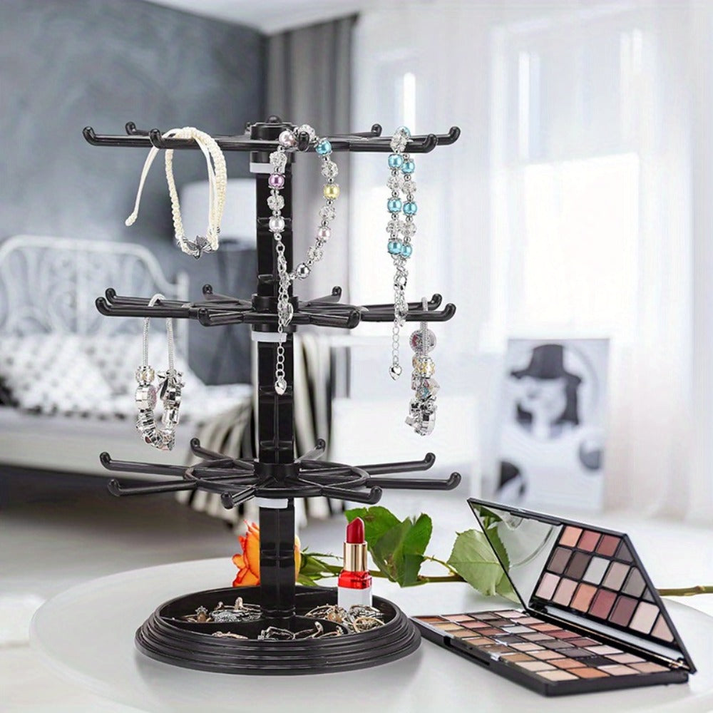 Rotating Jewelry Stand 2-Tier Black – Necklace Bracelet Earring Organizer Display Rack, Plastic Hanging Jewelry Tower for Dressing Table Counter, Keychain Holder, No Electricity Needed