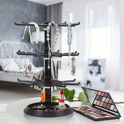 Rotating Jewelry Stand 2-Tier Black – Necklace Bracelet Earring Organizer Display Rack, Plastic Hanging Jewelry Tower for Dressing Table Counter, Keychain Holder, No Electricity Needed