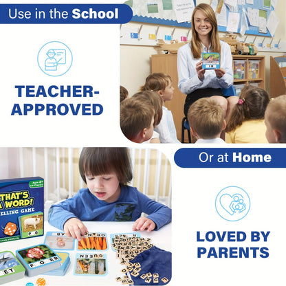 Spelling Word Game with 224 Picture Flash Cards, 208 Wooden Letter Tiles and Two Dice for Ages Four Plus