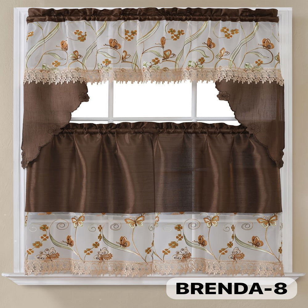 Three-Piece Patterned Kitchen Curtain Set with One Valance, Two Tiers and Forty-Six Exact Design Options