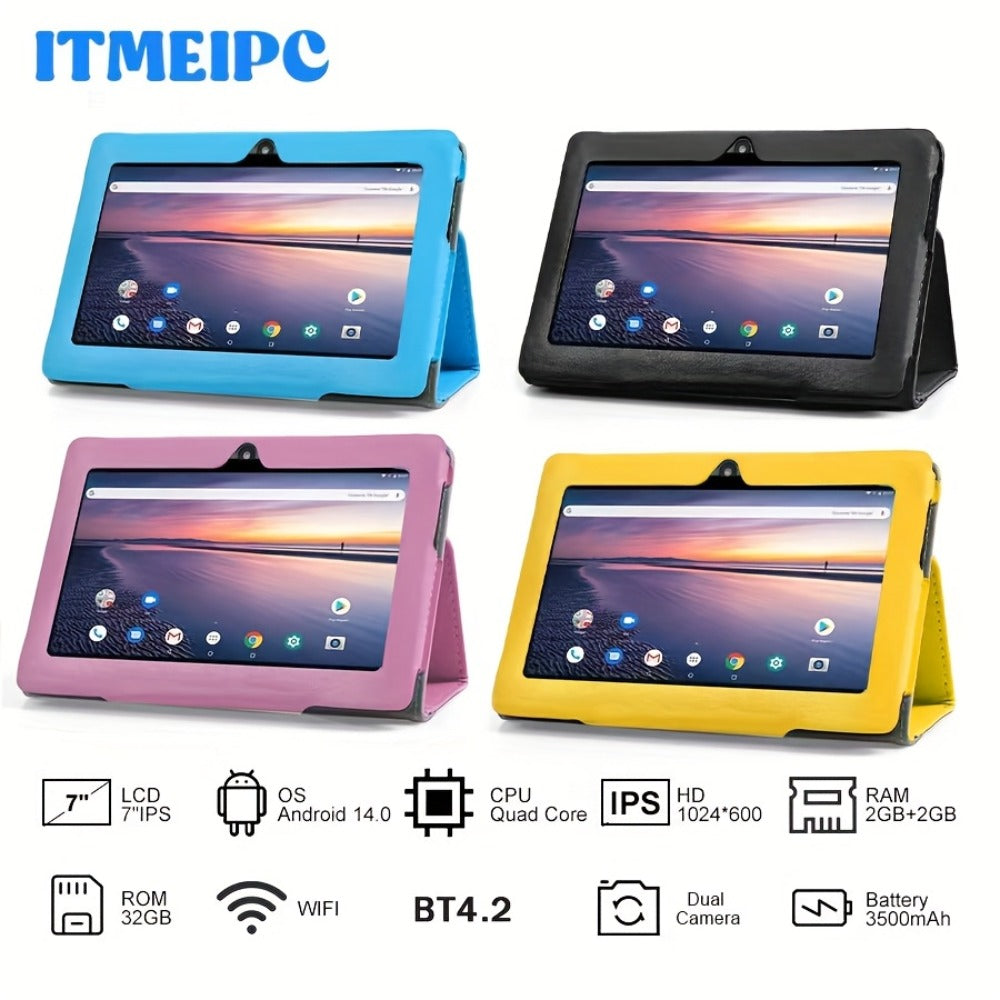 Android Tablet 7-Inch with Android 14, 4GB Total RAM, 32GB Internal Storage and Built-In Protective Case
