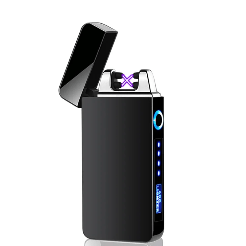 Flip-Top Dual-Arc Electric Lighter with Power Display in Three Black and Blue Color Options