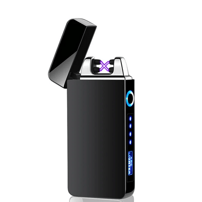 Flip-Top Dual-Arc Electric Lighter with Power Display in Three Black and Blue Color Options