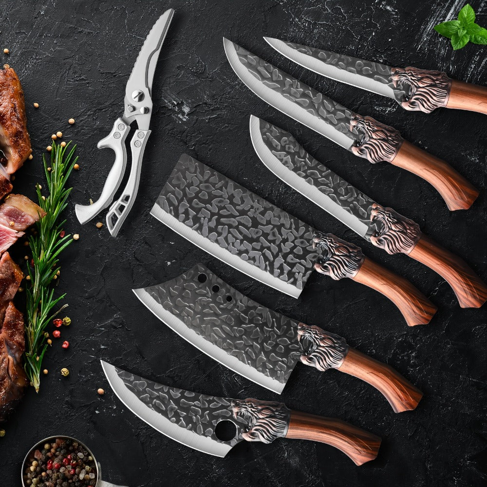 Multi-Piece Kitchen Knife Set with Stainless Steel Labels in Black Three-Piece or Brown Seven-Piece Options