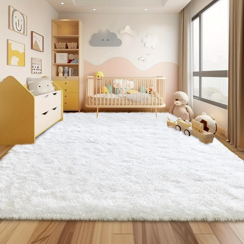 Area Rug White Fluffy High-Pile Shag in Three Washable Sizes for Living Room, Bedroom or Dorm