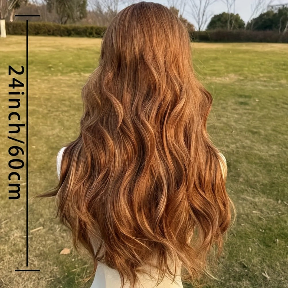 Synthetic Wig 24-Inch Light Brown Body Waves with Golden Highlights, Bangs and Rose Net Cap
