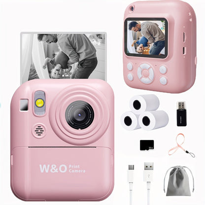 Instant Print Camera for Kids 48MP with Print Paper 32G TF Card 1080P FHD Video Flash MP4 Puzzle Game Cartoon Mini Digital Camera Printer Ages 6+ Birthday Christmas Gift