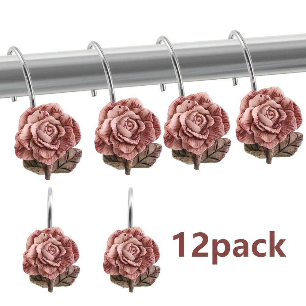 12-Piece Rose Shower Curtain Hook Set with Sculpted Pink Floral Decorations and Silver-Tone Rings