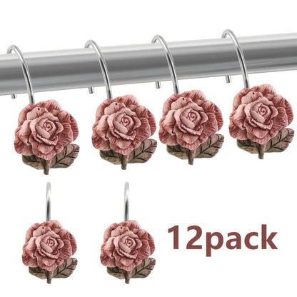 12-Piece Rose Shower Curtain Hook Set with Sculpted Pink Floral Decorations and Silver-Tone Rings
