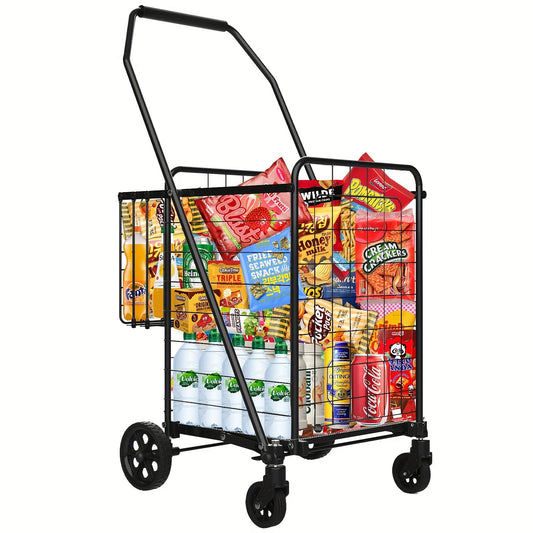Folding Grocery Cart on Wheels Heavy Duty 132 LBS Capacity, Double Basket Shopping Cart for Groceries Laundry Foldable Utility Cart