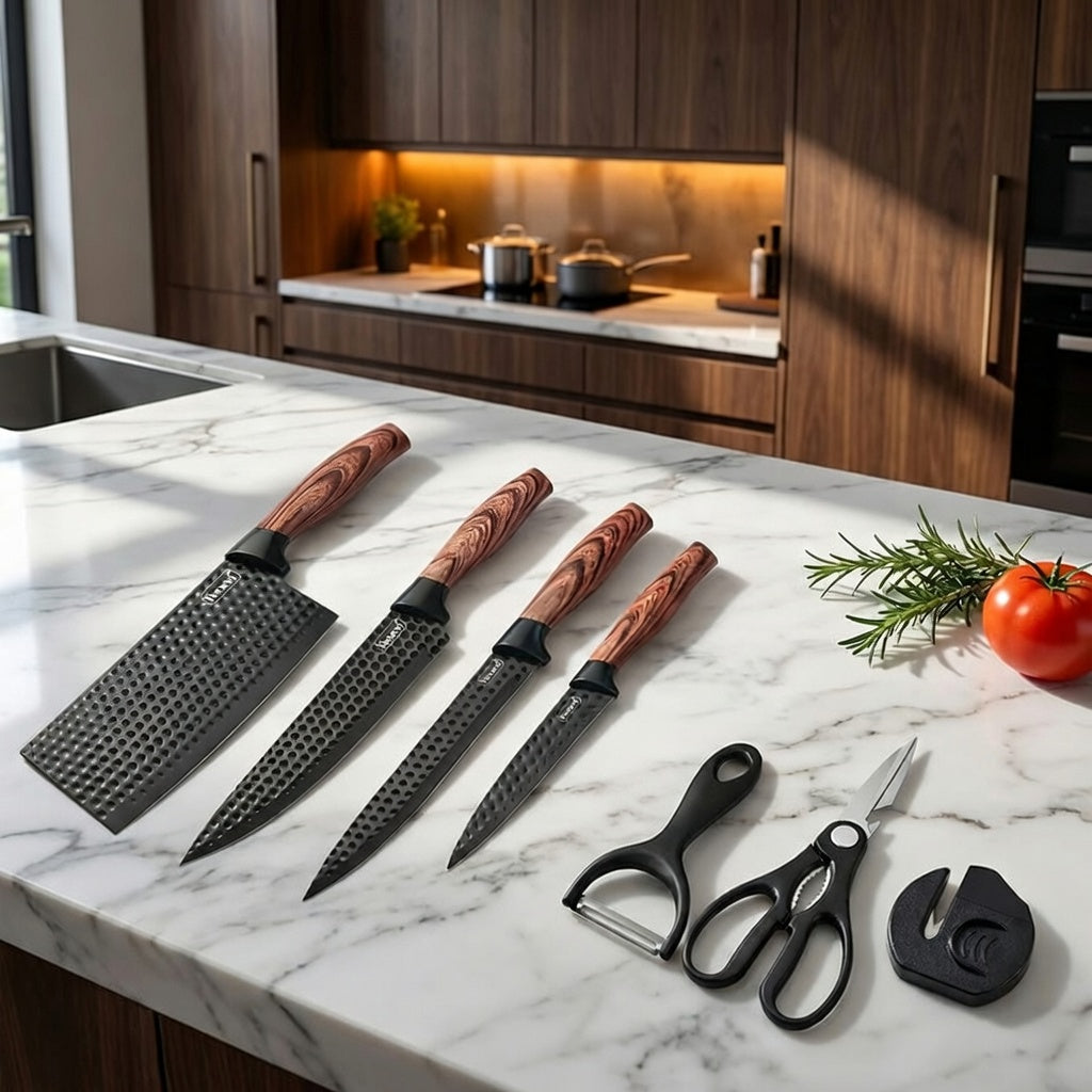 Seven-Piece Kitchen Knife Set with Four Blades, Scissors, Peeler and Sharpener, Offered in Two Styles