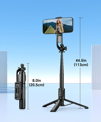 Black Selfie Stick Tripod with Telescoping Pole, Rotating Phone Clamp, Fold-Out Base and Remote