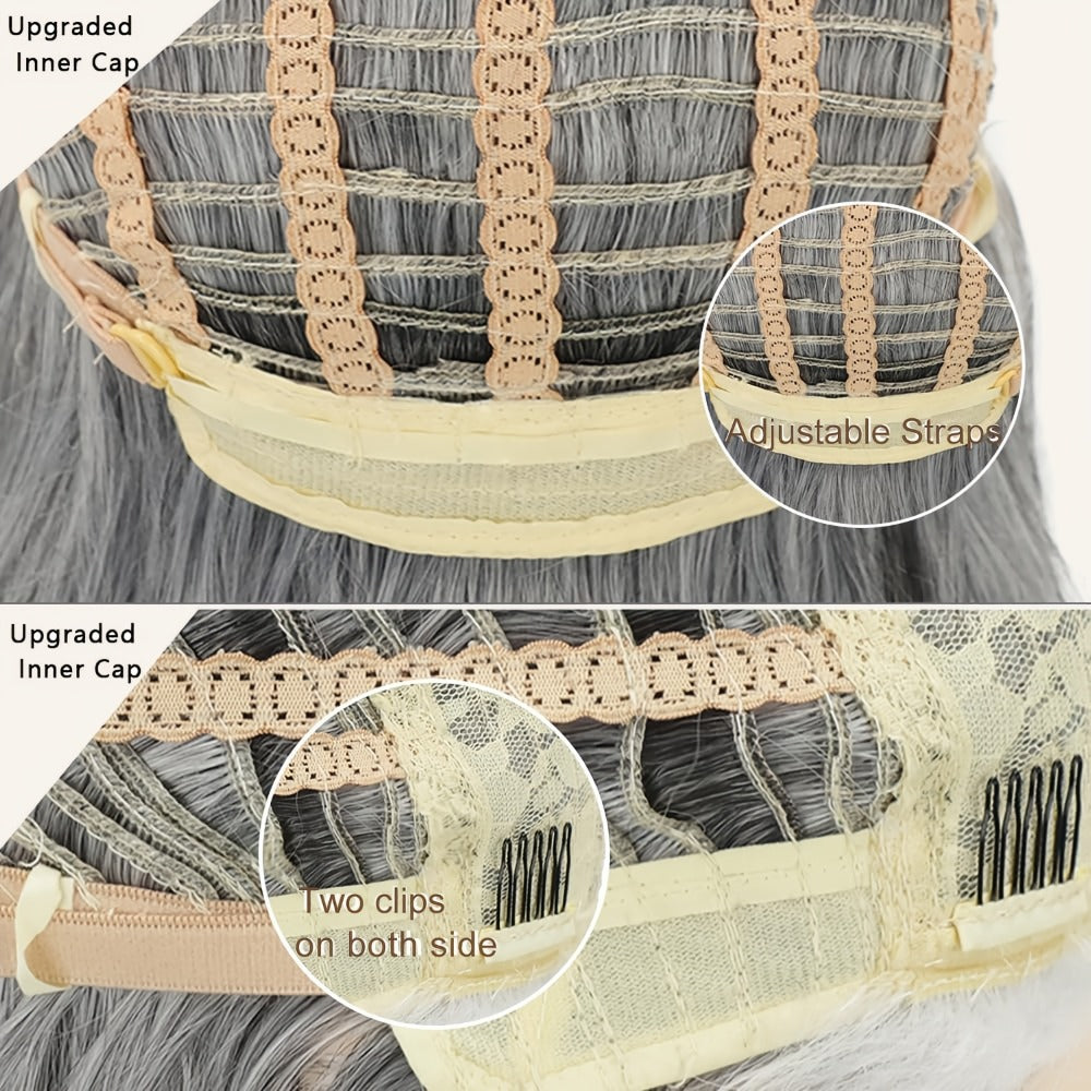 Synthetic Wig 18-Inch Layered Silvery Waves with Highlights in Two Colors and Rose Net Cap