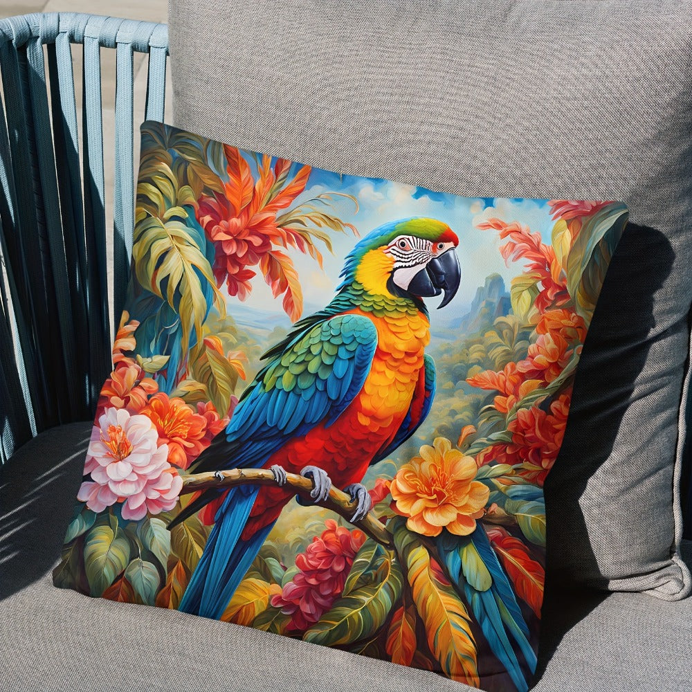 Four-Piece Tropical Pillow Cover Set, 18 x 18 Inches with Parrot and Floral Prints on Polyester Covers
